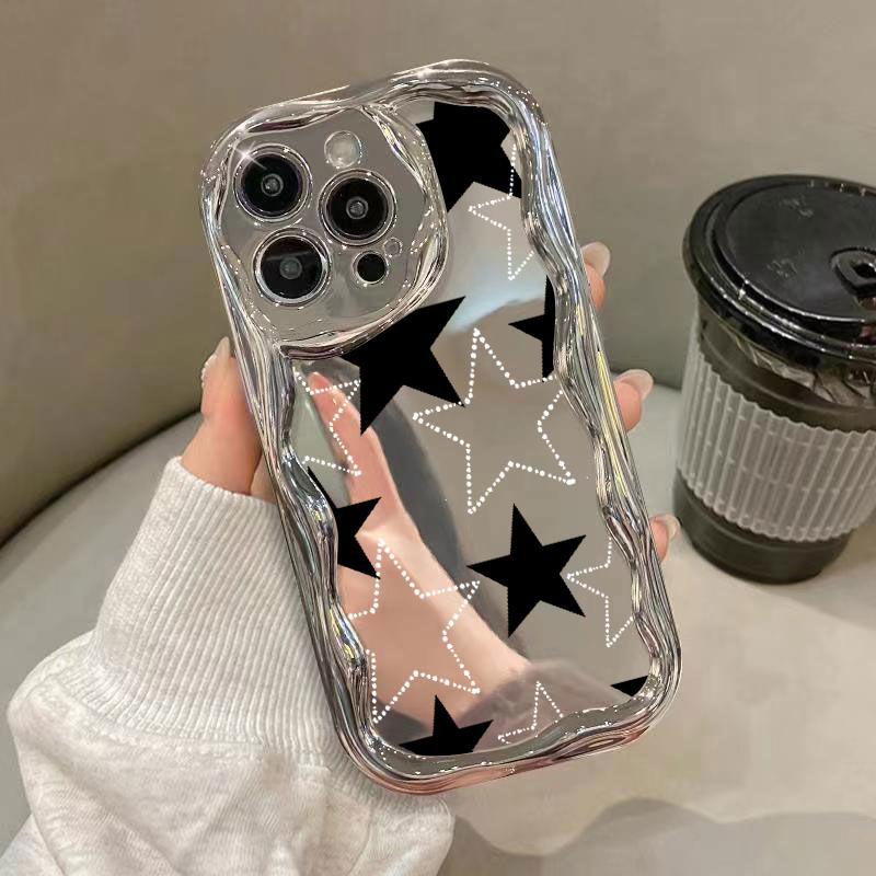 

Модный цветной глянцевый чехол со звездами для iPhone 15 Pro Max 14 Pro 13 12 11, волнистая рамка, зеркало для макияжа, мягкий противоударный защитный чехол для объектива iPhone 15 чёрный