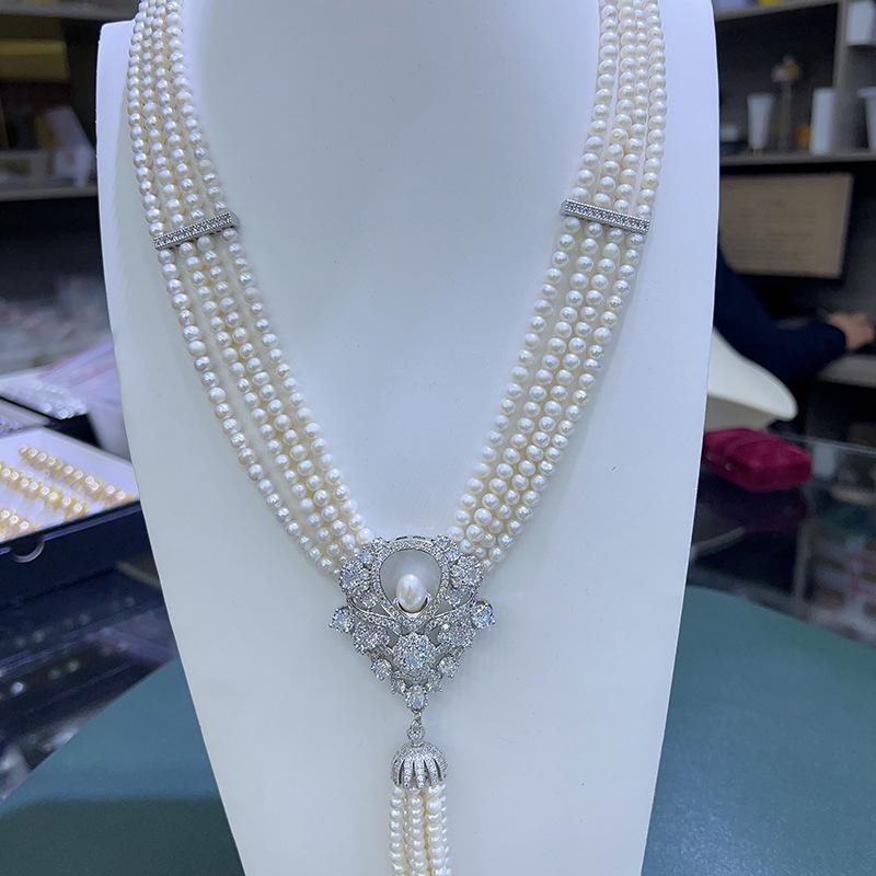 Pre-owned Multi-layer Pearl Pendant Tassel Necklace with Zircon Inlay.