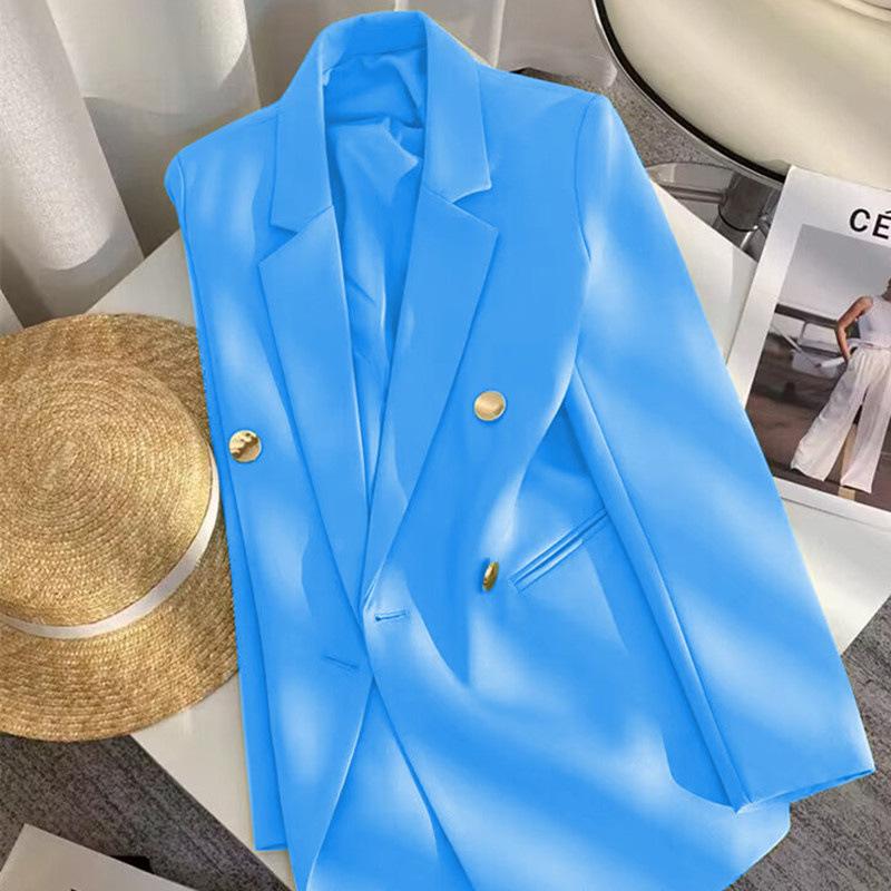 Women Long Sleeve Blazer Jacket Lapel Double Breasted Gold Button Loose Fit Office Casual Suit Outerwear Coat