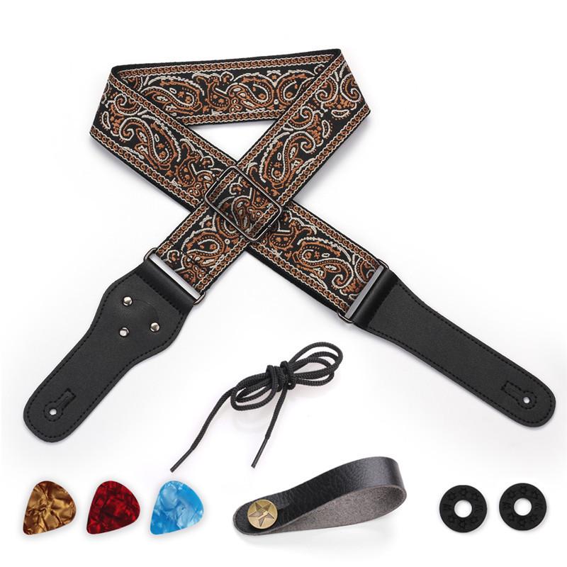 Detachable Embroidered Jacquard Guitar Strap Set for Acoustic, Electric, and Bass Guitars.