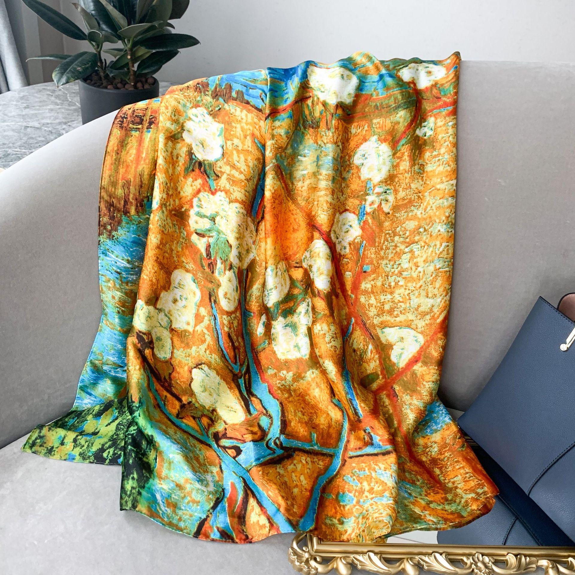 

Kapok Printed Silk Scarf Likin Satin Scarf Art Oil Painting Temperament Ladies Shawl 90-180cm