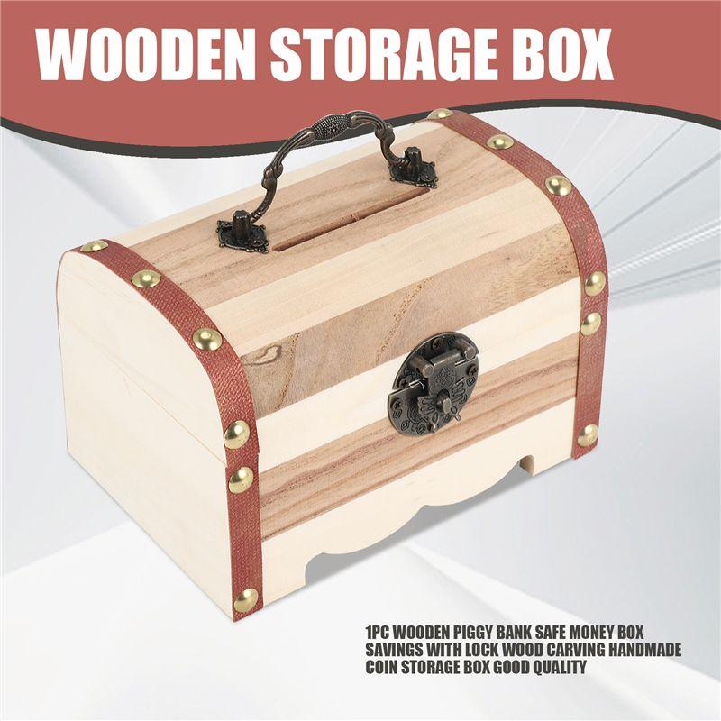 M-Modern-1PC Wooden Piggy Bank Safe Money Box Savings With Lock Wood Carving Handmade Coin Storage Box High Quality