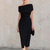 2026 European & American One-Shoulder Waist-Cinched Pleated Slit Evening Gown for Banquets & Commutes