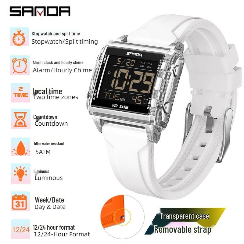 SANDA Men's Luminous Waterproof Sports Watch - Square Design with Multifunctional Countdown Timer