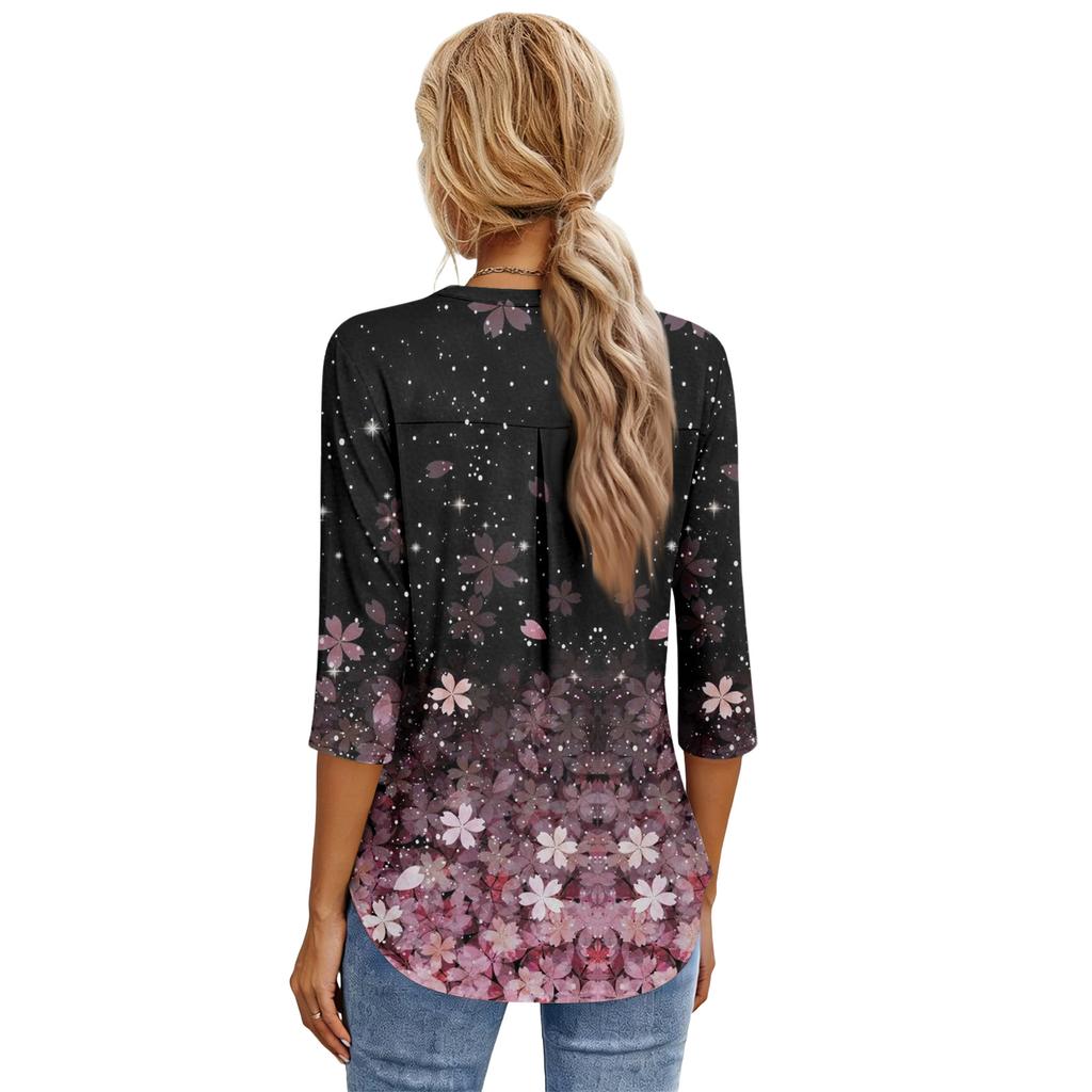 Women's Fashion Casual Three-Quarter Sleeve T-Shirt Printed V-Neck Top