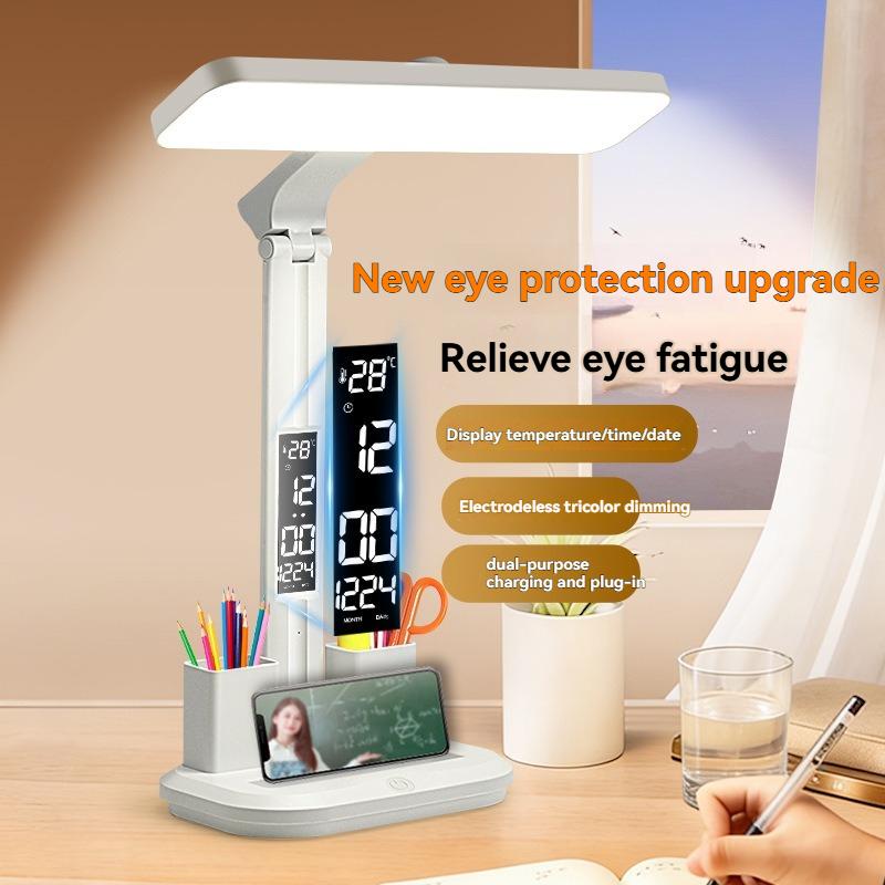 LED Desk Lamp with Digital Clock, Dimmable Eye-Caring Light with Pen Holder, USB Charging for Study, Home