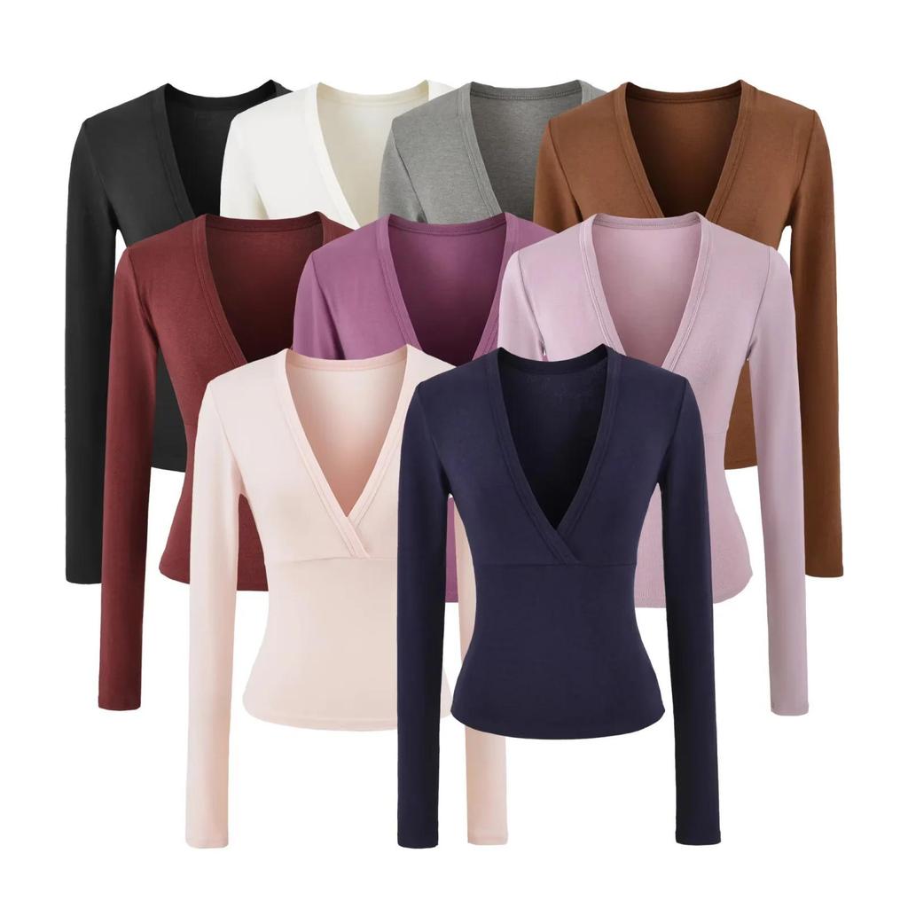 Women's Spicy American Deep V-neck Waist-cinching Long-sleeve T-shirt - Slim Fit for Autumn