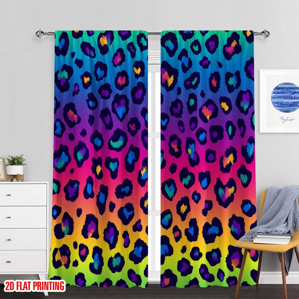 Flat Printing Drapes Rainbow Leopard Polyester Fabric Without Electricity Festive Wall Decor Use Booths Studio Props Curtains Set Of 2 Made