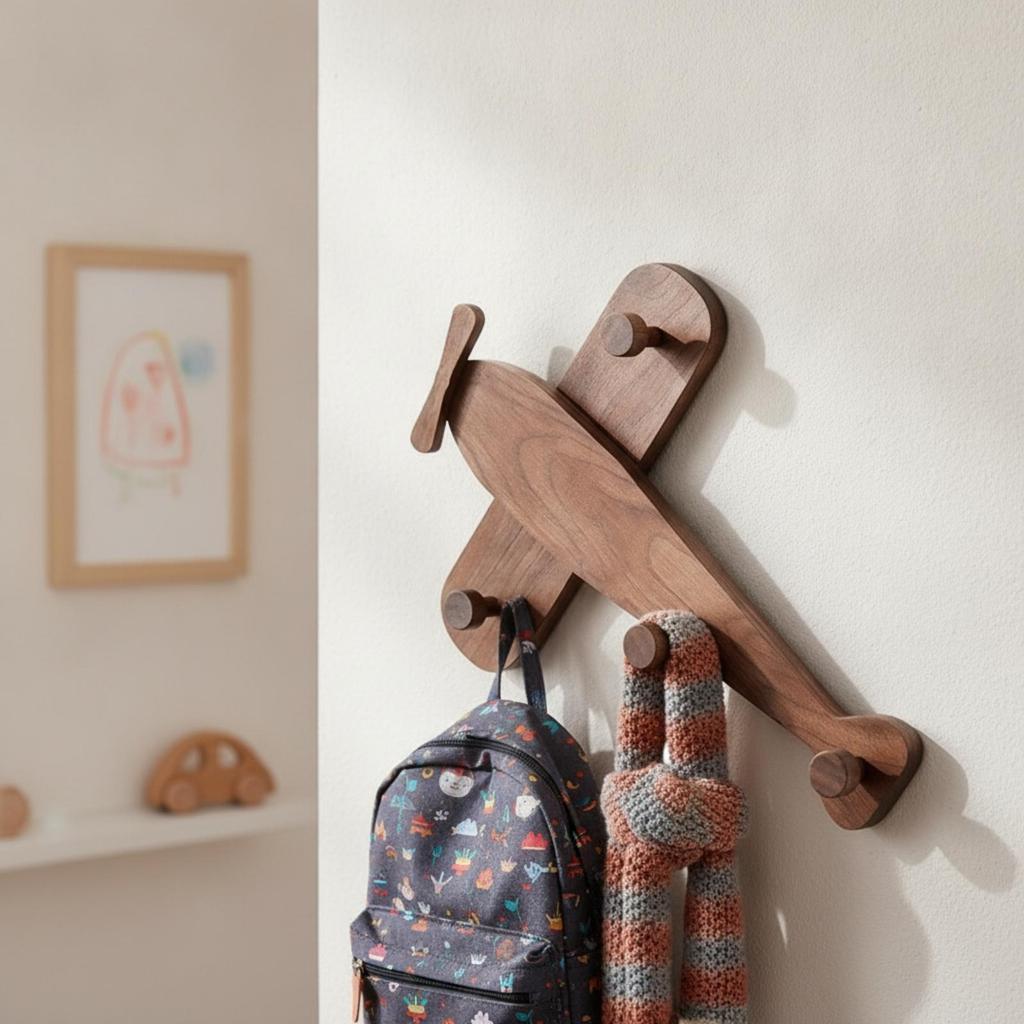 Airplane Coat Hook Solid Wood Wall Walnut Rack with Pegs for Kids, Entryway,