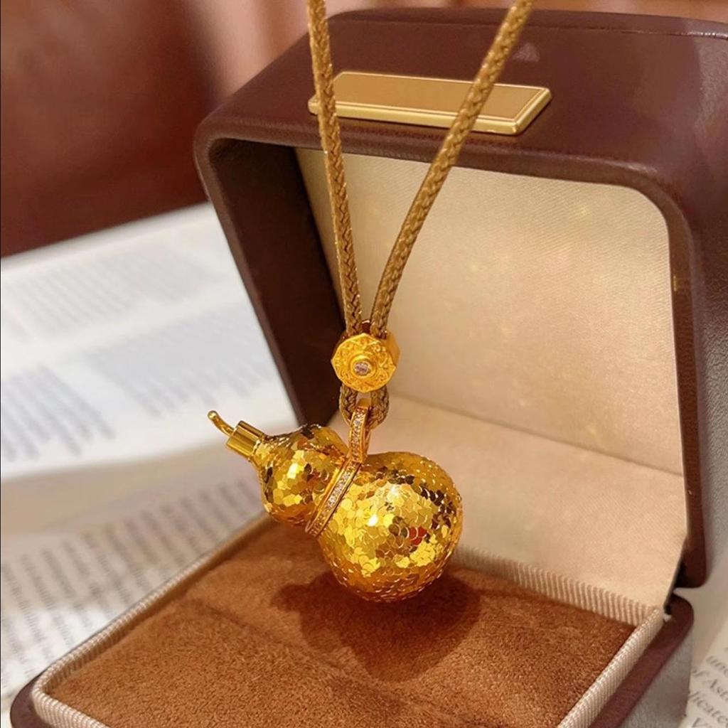 Gold Sand Eight Treasures Compass Pendant Necklace with Gourd Charm for Women