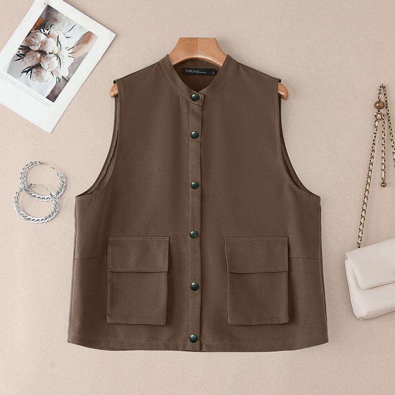 

ZANZEA Женский повседневный жилет без рукавов свободного кроя со стойкой 5XL светло-коричневого