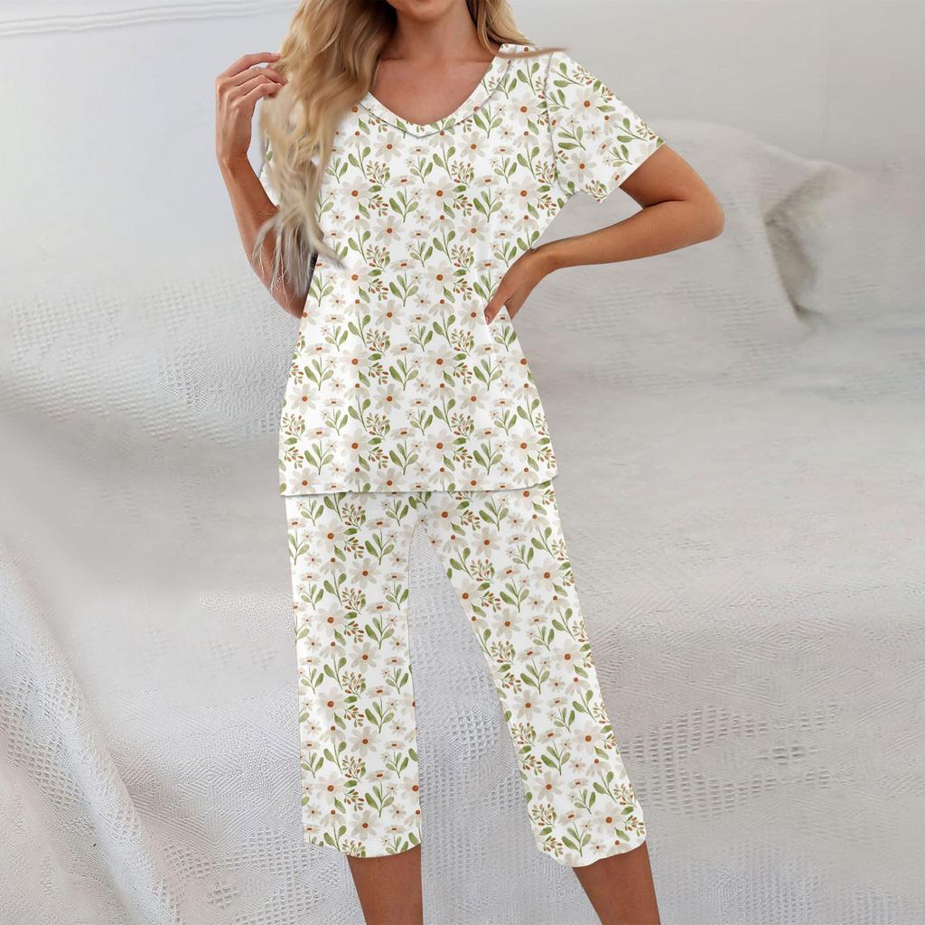 2 Piece Sets For Women Short Sleeve Top And Pants With Pockets Workout Soft Floral Print Sets