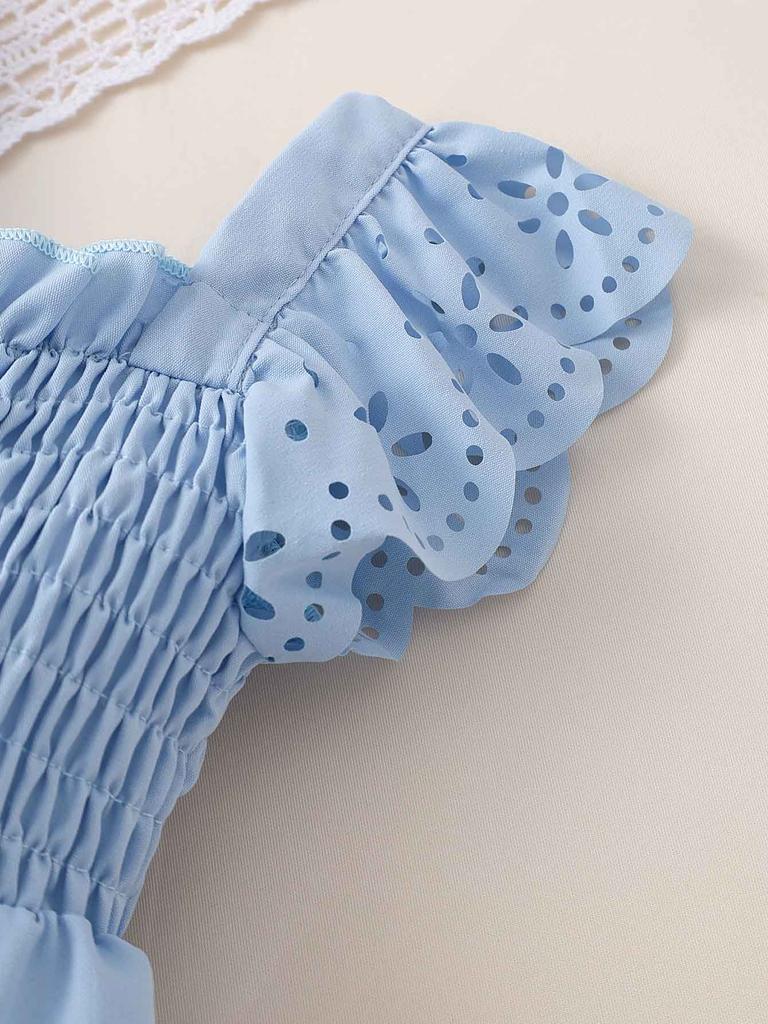 Smok Sommerkleid für Mädchen, Kleinkind-Sonnenkleid mit Rüschenärmeln und Lochstickerei, Einfarbig Blau, Mehrlagiges Partykleid für Kinder 3-7 J.