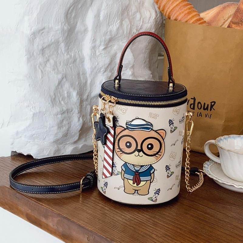 BEIBAOBAO New Cute Cartoon Cat Round Handbags High Texture PU Waterproof Women's One Shoulder Bag Popular Niche Small Basket Bags for Goddess Day Gift