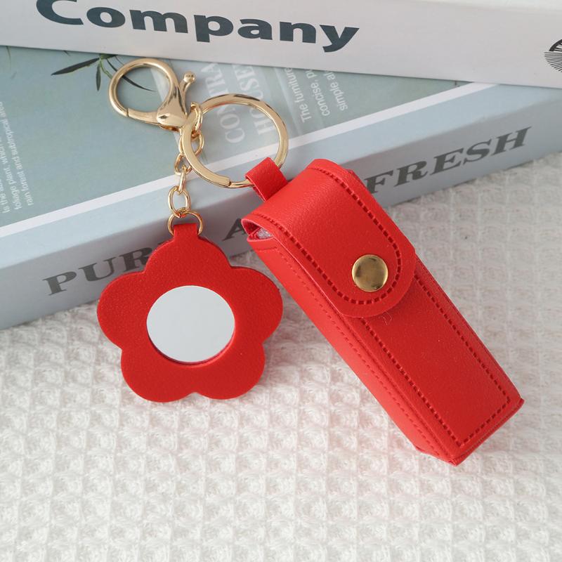 Portable Pu Leather Lipstick Holder Keychain With Flower-Shaped Mirror For Women Girls Handbag Charms Accessory Creative Gift