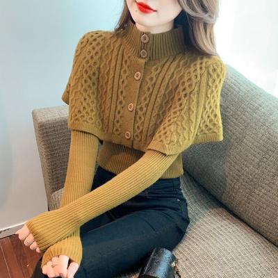 Half High Collar Sweater Blouse Women's Long Sleeved Shawl Two-piece Set Autumn and Winter Fried Dough Twists Bottoming Sweater