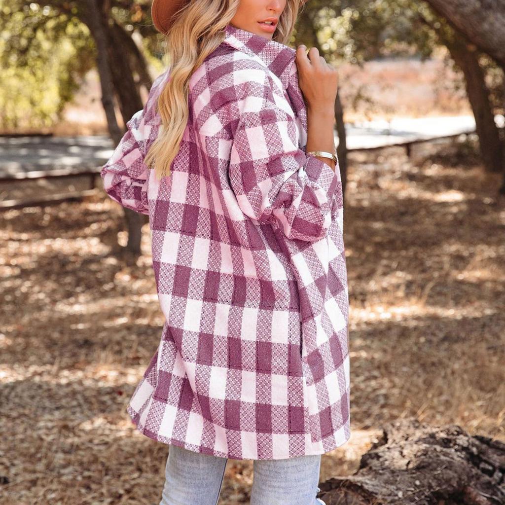 Women's  And Winter Plaid Color Block Patchwork Coat With Pockets Lapel Classic British Style Tweed Coat