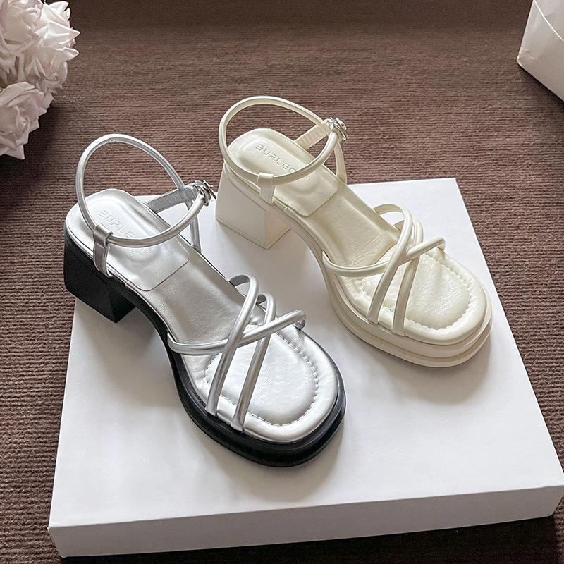 Roman Sandals Women's Summer New Versatile Fairy Style Thick Heel Soft Sole Word with Open Toe Middle Heel Sandals