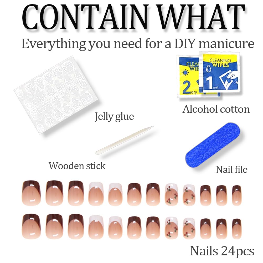 French Tip Press on Nails Medium Length Nails Press Ons 24Pcs Fake Nails Glue on Nails With Cute Little Flowers Stick on Nails Artificial Acrylic