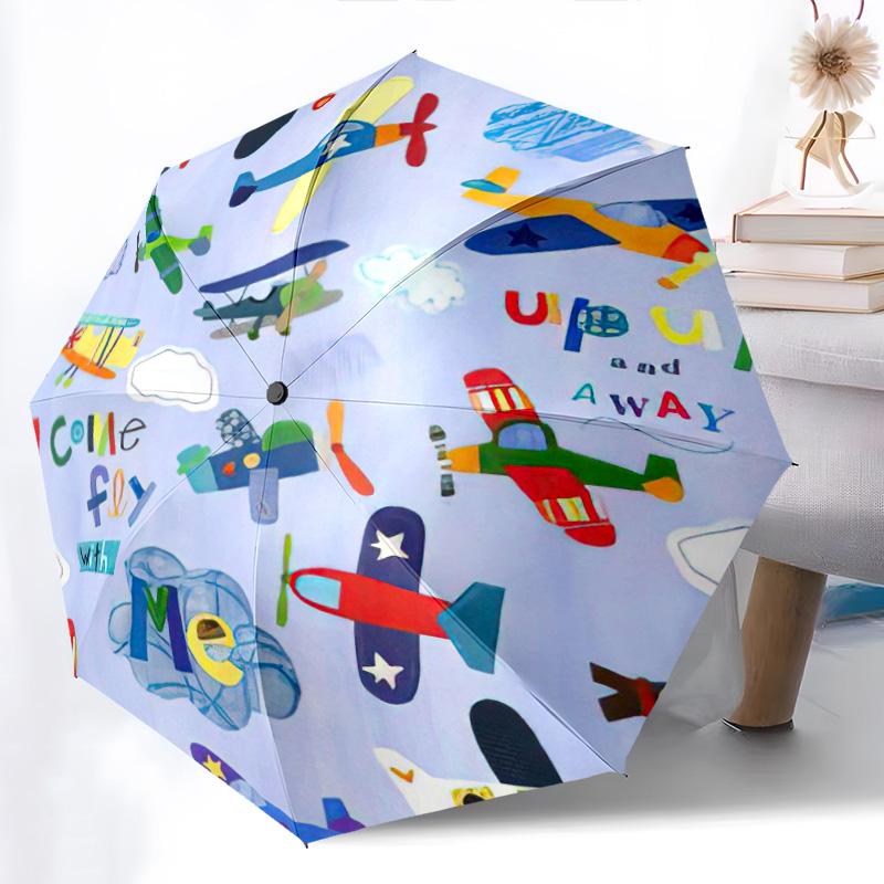 1pc Airplane Theme Pattern Umbrella Portable Folding Umbrella Iron Frame Hole Bone Structure Outdoor Home Umbrella