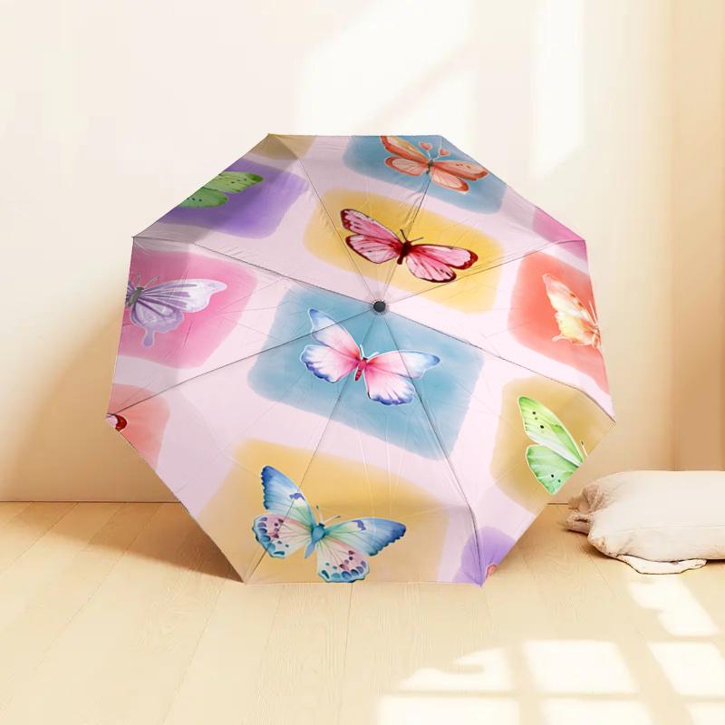 Colorful Butterfly Print Automatic Opening/Closing Umbrella with Foldable Design, Iron Frame Outdoor Rain Gear for Festivals, Travelers, Dai