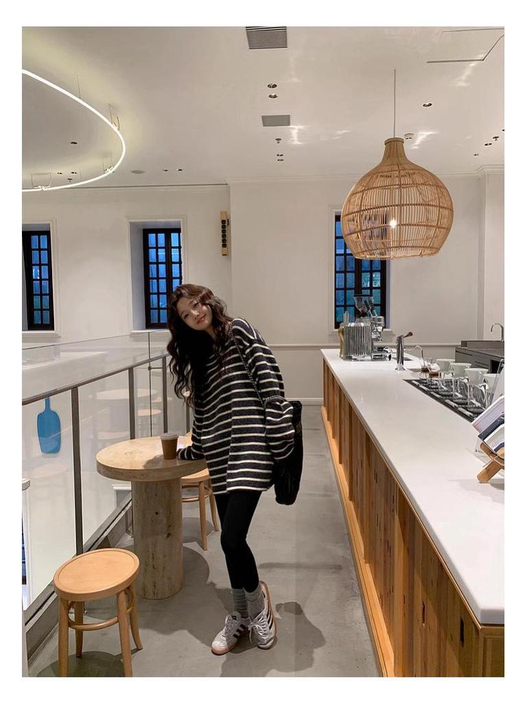 Autumn/Winter Japanese Style Color Block Stripe Loose Fit Round Neck Top