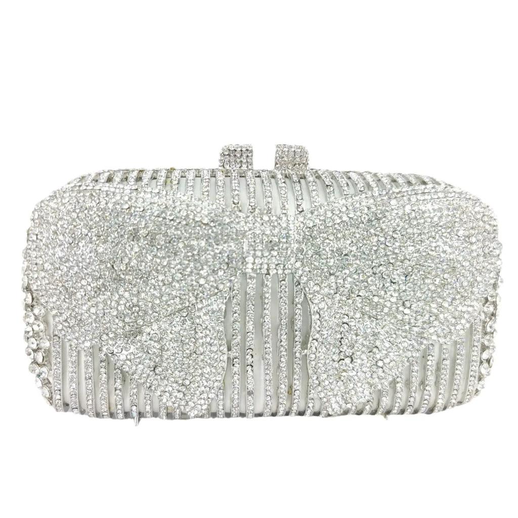 Boutique De FGG Silver Rhinestone Clutch Purses for Women Formal,Bow Crystal Evening Bags,Bridal Wedding Party Minaudiere Bag