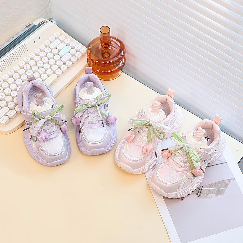 Girls Spring Autumn Mesh Breathable Running Shoes Soft Sole Fashion Flower Dad Sneakers Casual Sports Trainers For Kids