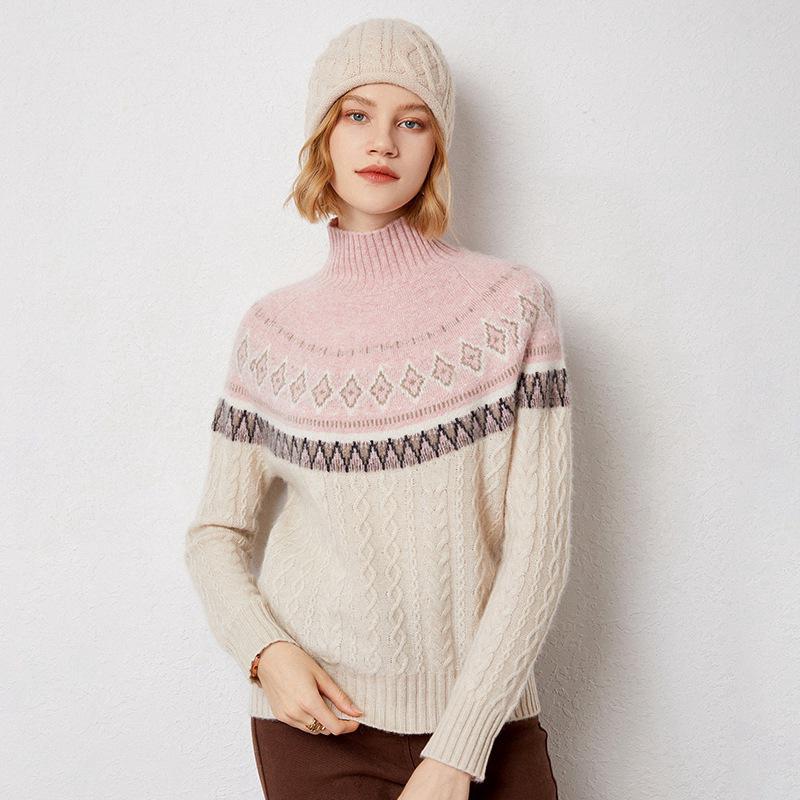 Women's Retro Thickened High Neck Cashmere Jacquard Pullover Sweater for Autumn/Winter