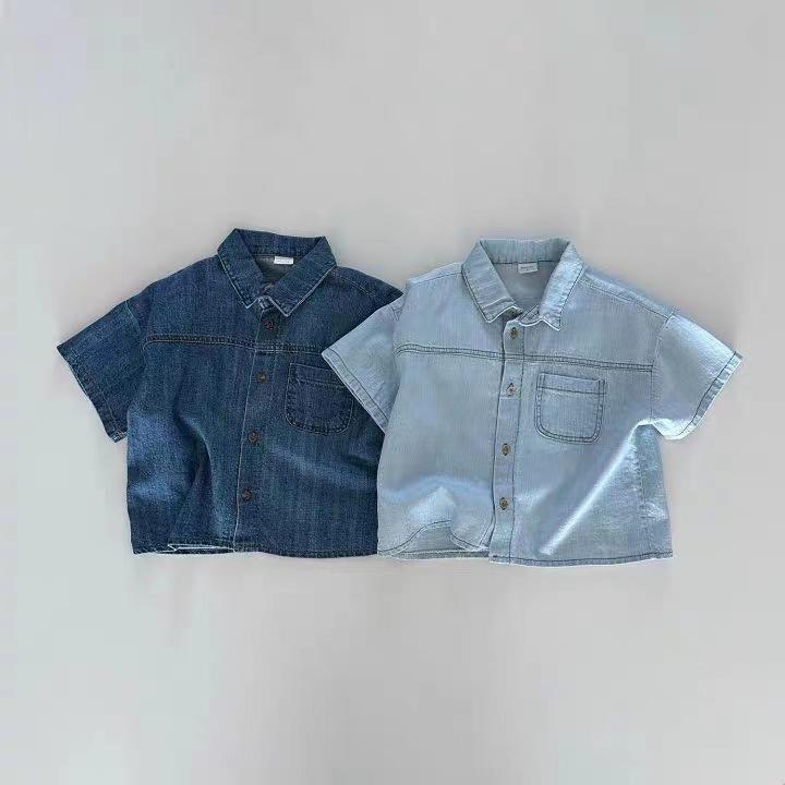 Korean Version Short Sleeved Denim Shirt Shorts Set Boys Girls Summer Fashionable Two Piece Set