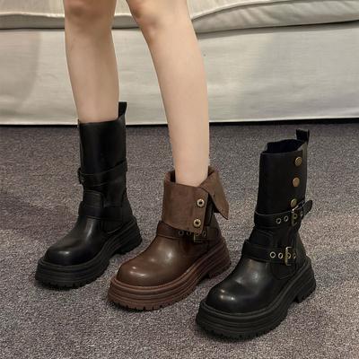 2025 herfst en winter platform twee draag Martin boots damesschoenen platform Britse stijl middelhoge schacht ridderlaarzen dames warme middelhoge schacht laarzen