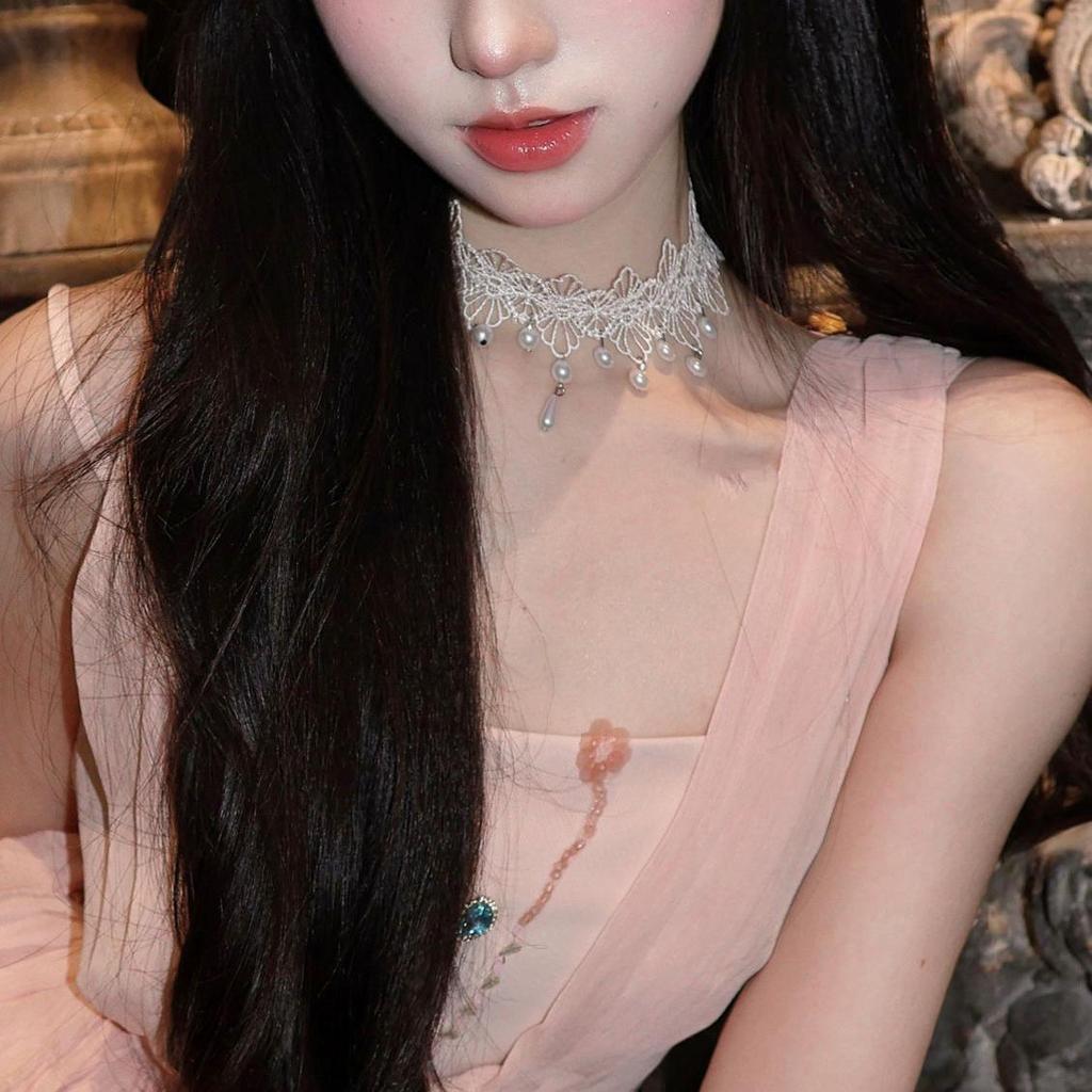 Pure Desire Wind White Lace Flower Tassel Necklace Vintage Court Wind Pearl Neck Strap Sweet Lolita Collarbone Chain