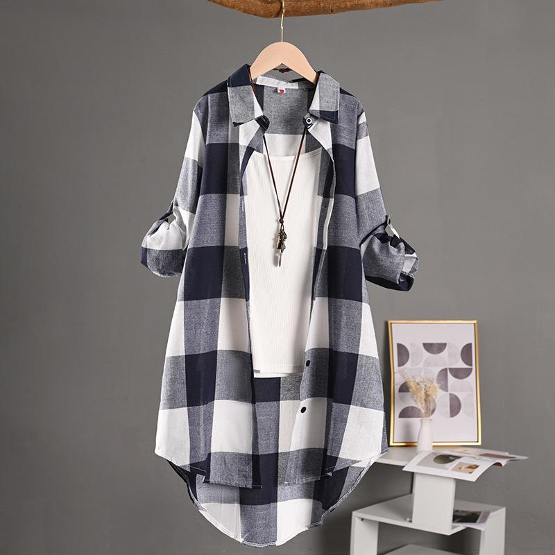 Women's Plaid Shirt Casual Blouses Woman Tops for Women Long Sleeve Long Sleeve Shirts Chic Blouse Check Linen Clothing