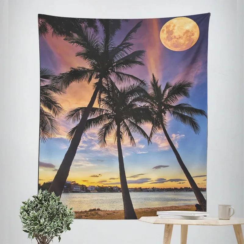 Tapeçaria decorativa tropical de coqueiros ao anoitecer, decoração de parede para casa, escritório, sala de estar