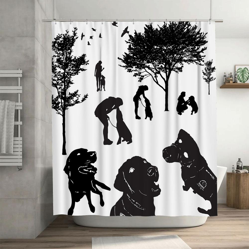Black Silhouette Dogs Shower Curtain Pet Lovers Decor, Waterproof Bathroom Accessories, Home Decoration Size Customizable For Do
