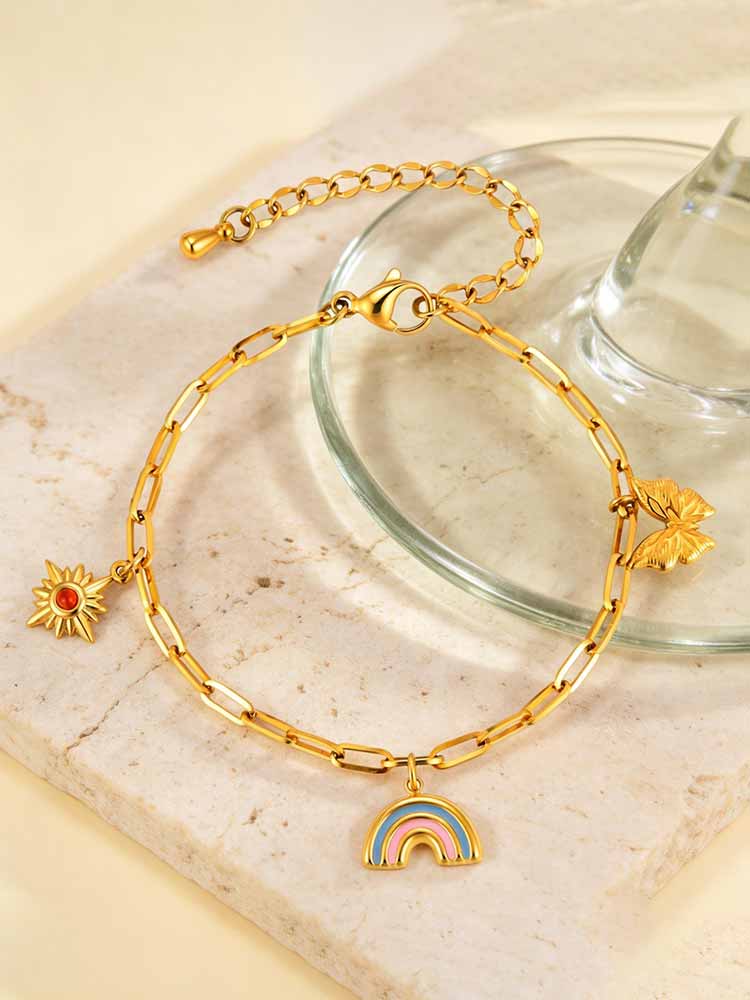 Paperclip Chain Charm Bracelet Gold Plated Stainless Steel Sun Rainbow Butterfly Adjustable Women Jewelry