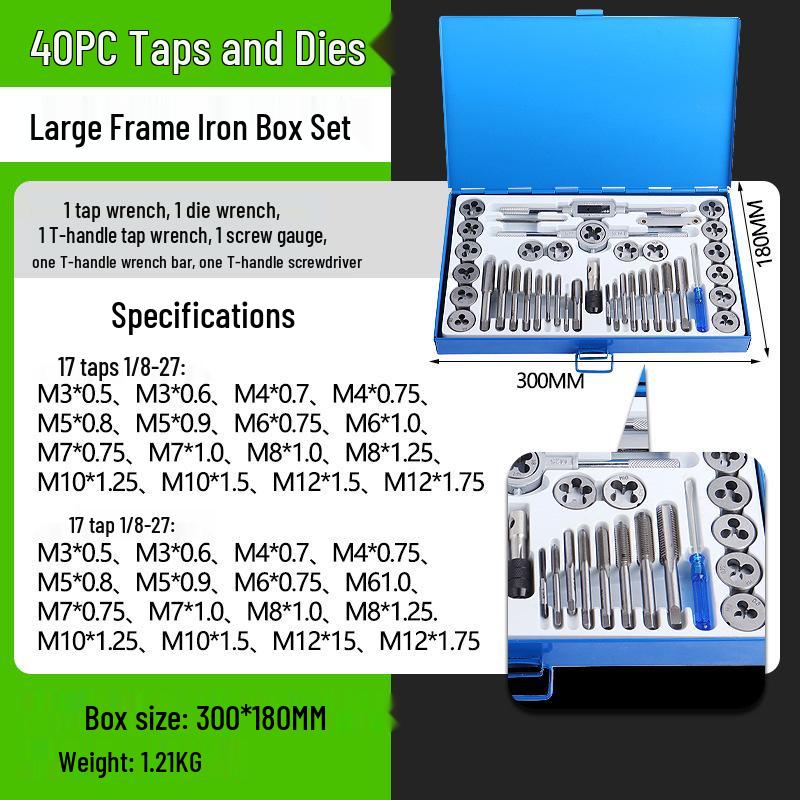 Complete Metric & Imperial Taper Tap and Die Set with Wrench & Round Die Holder