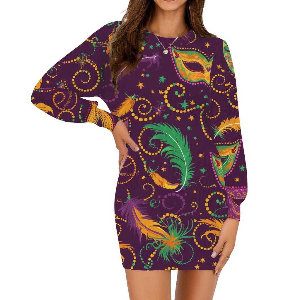 Damen Mode lässig Rundhals Langarm Karneval Druck Kleid