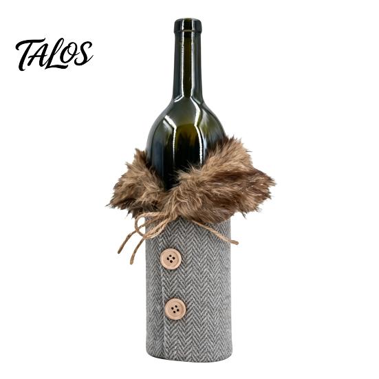 Reusable Wine Bottle Decorations Christmas Sweater Cover, Faux Fur Collar And Button Covers Coat Design Plaid Clothes for Party Decoration Holiday