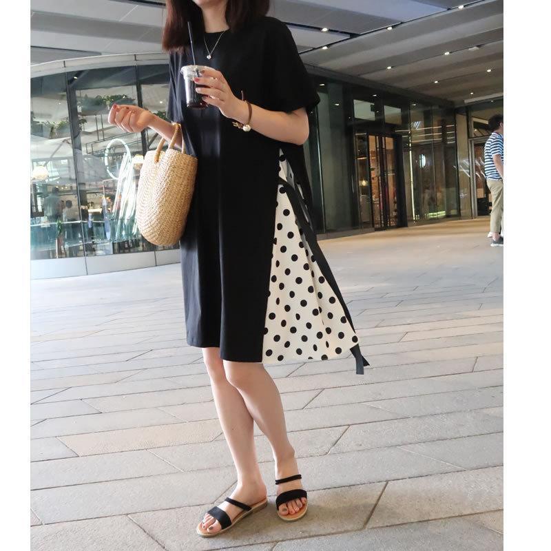 Maternity Loose-Fit Plus Size Patchwork T-shirt Dress - Korean Style Summer Over-the-Knee Dress