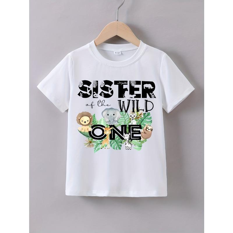 European sizes Girls Summer Short Sleeve Sister Wolf s Wildness Animal Print T-Shirt 110 белый