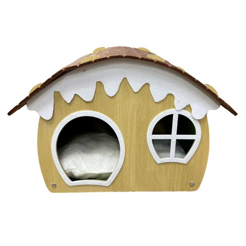 Thickened Warm Closed Wooden Felt Cat House Indoor Security Sleeping Cat Nest