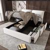Upholstered Bed, 140*200, Hydraulic Bed, Three Drawers, Storage Bed Box, Slatted Base with Headboard, Without Mattress, Velvet, Beige