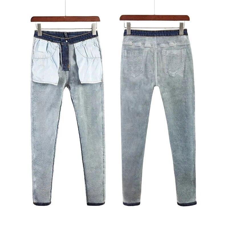 Kadınlar İçin Moda Kışlık Denim Kot Pantolon Kadife Kalınlaştırılmış Ofis Hanımı Yüksek Bel Dar Kesim Kalem Pantolon Günlük Düz Sıcak Pantolon 30097