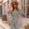 Dames Elegante V-hals Bedrukte Jumpsuit met Tailleband Losse Pasvorm Lange Mouwen Eendelig Outfit voor Casual of Formeel Gebruik