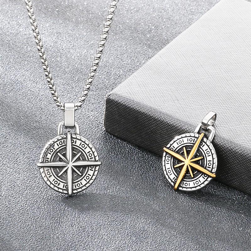 Vintage Stainless Steel Compass Pendant Necklace for Men Two Tone Directional Amulet Necklaces Retro Travel Jewelry Gift
