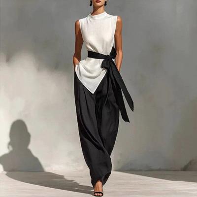 Women's Lace Sleeveless Contrast Color Suit Top + Wide-leg Pants Two-piece Set