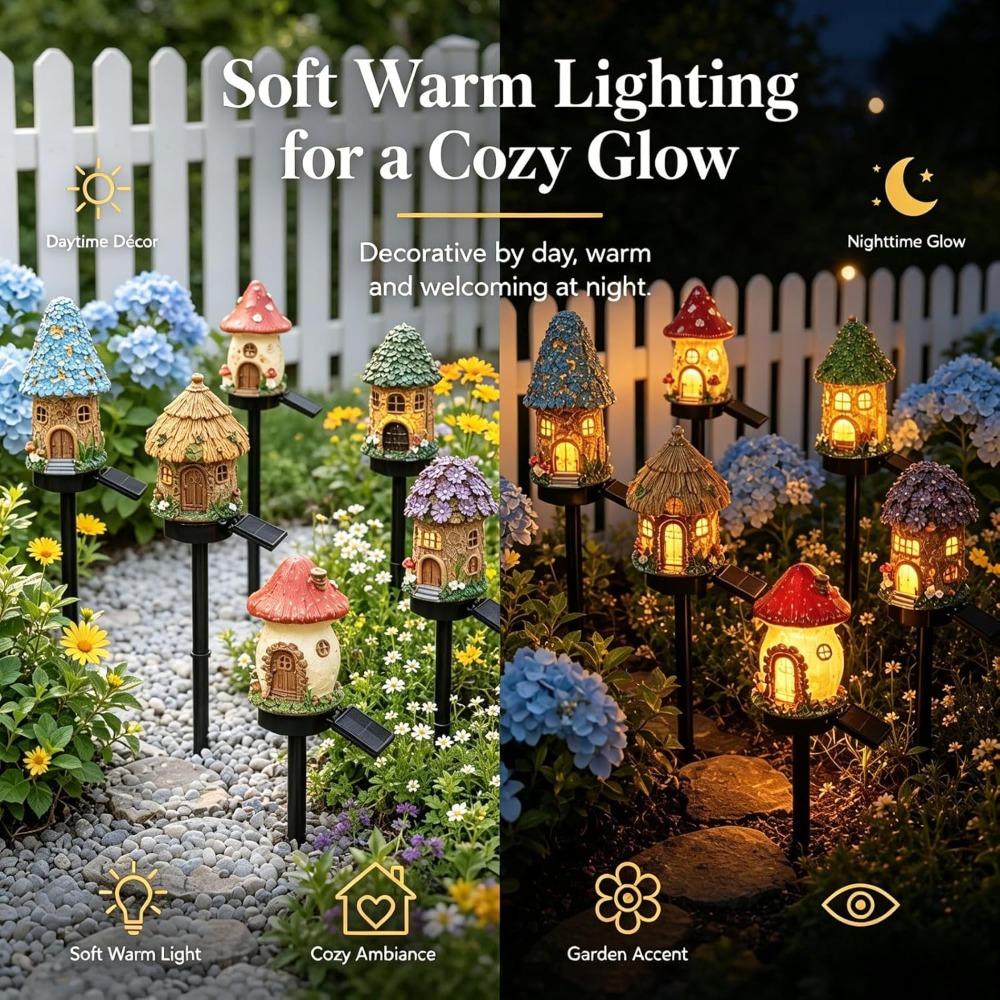 Solar Fairy Tale Mushroom House Lamp, Cottage Yard Garden Stake Light, Resin Mushroom House Ornament, Waterproof LED Mushroom House Statue Lamp