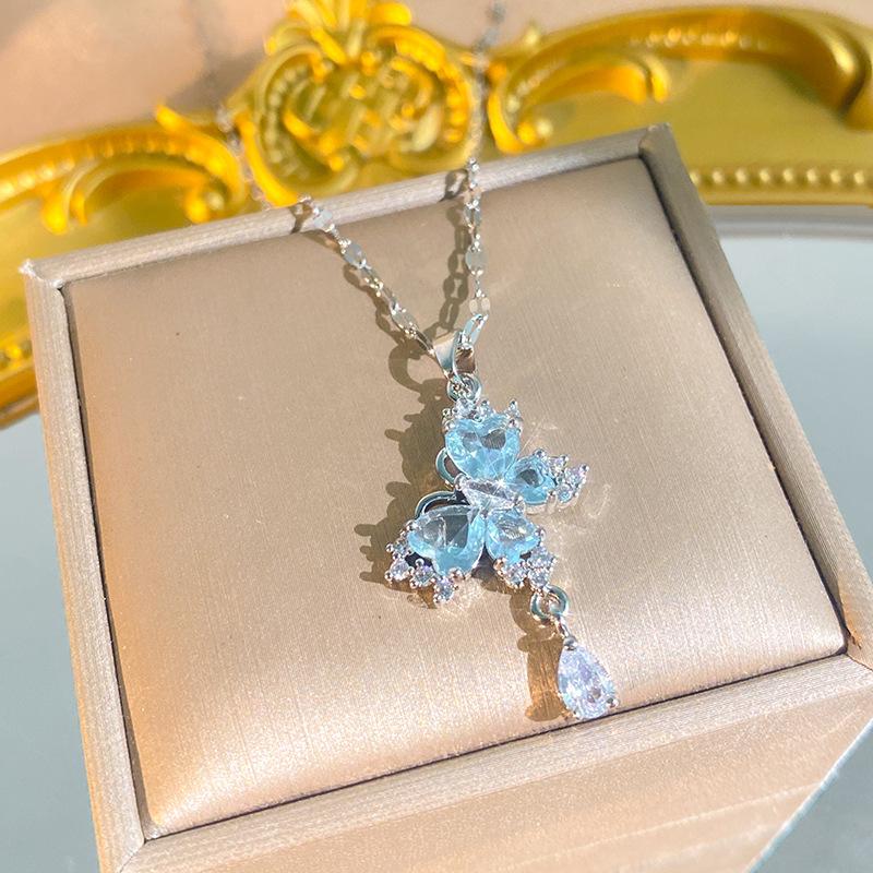 Women S Butterfly Tassel Titanium Steel Necklace Zircon Inlaid Clavicle Chain