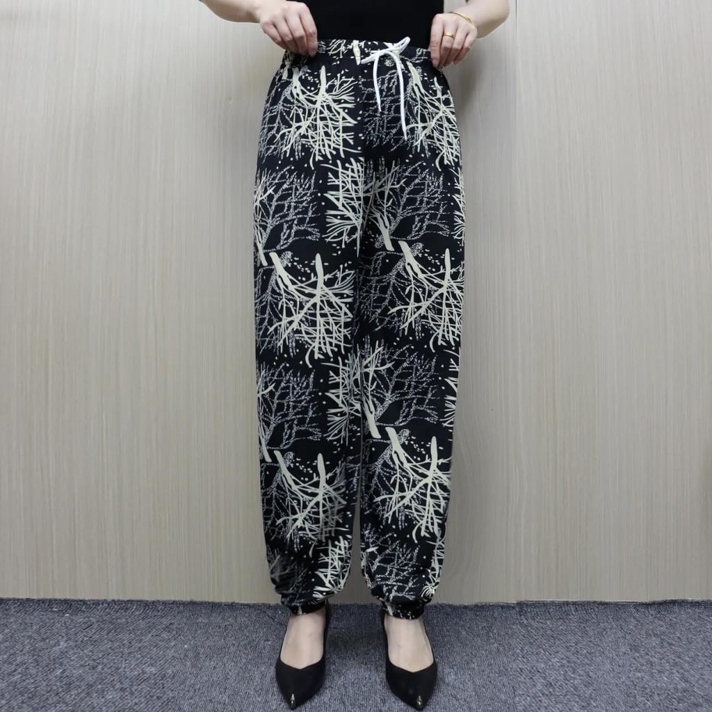 WTEMPO Kadın İlkbahar Yaz Sonbahar Büyük Beden Elastik Yüksek Bel Geniş Paça Pantolon Bol Rahat Çiçek Baskılı İnce Kırpılmış Pantolon